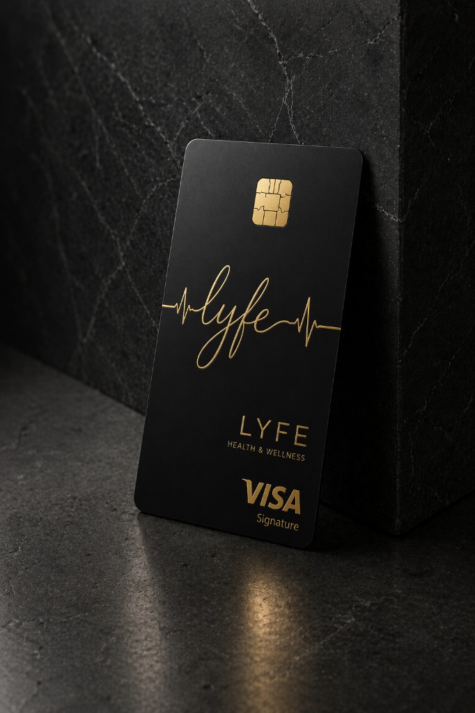 LYFE card detail on dark textured stone