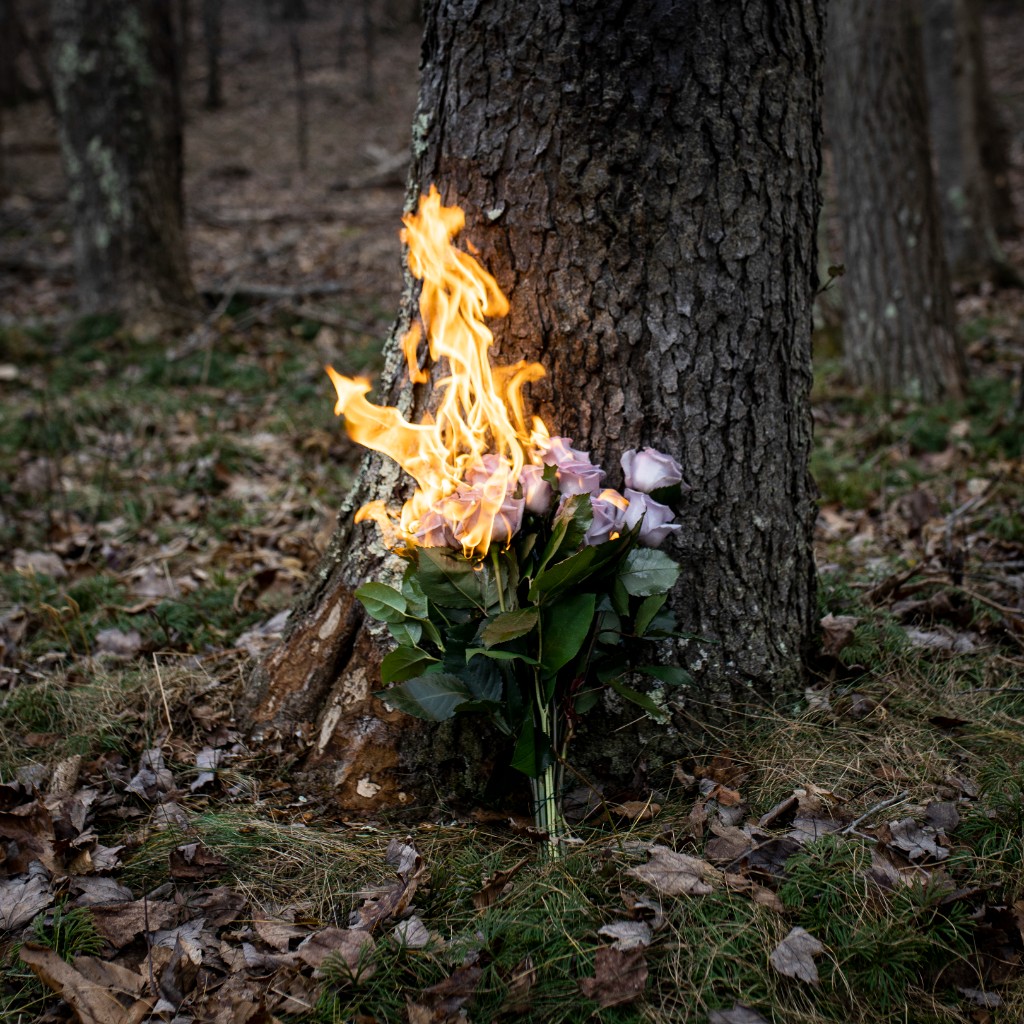 IMY2 artist in forest with bouquet of burning roses