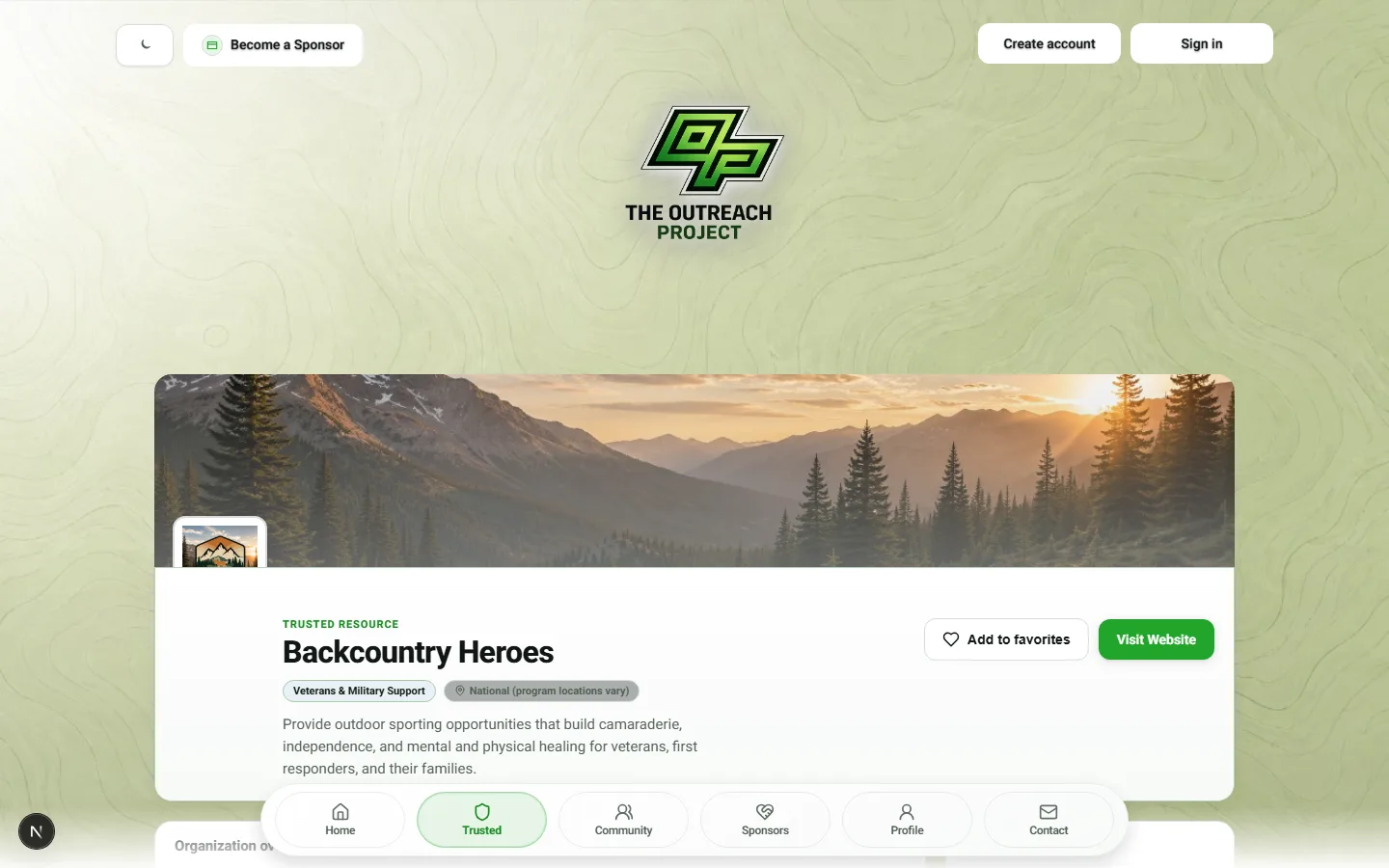 Trusted resource profile for Back Country Heroes with hero imagery and program summary.
