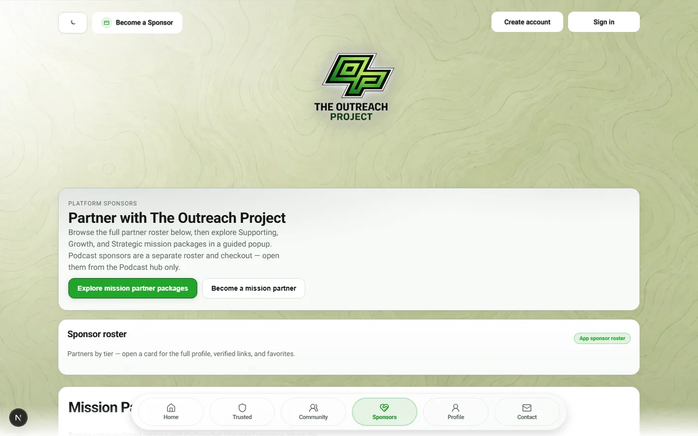 Sponsors page highlighting mission partners.