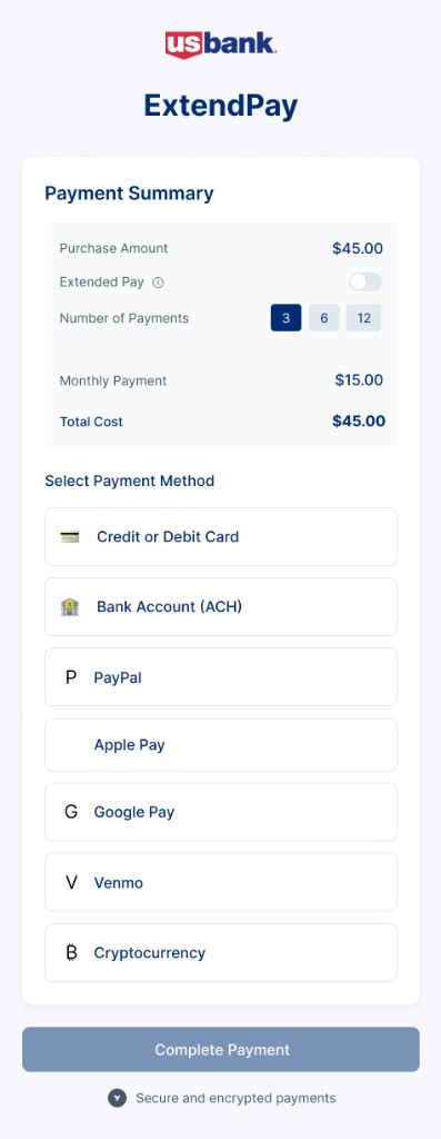 US Bank payment summary with ExtendPay off and three payments selected.