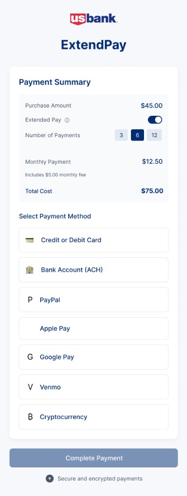 US Bank payment summary with ExtendPay on, six payments, and fee disclosure.