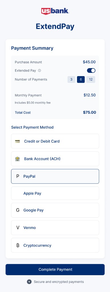 US Bank checkout with PayPal selected.