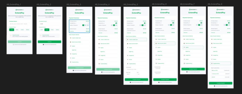 Associated Bank ExtendPay white-label flow across eight screens labeled AB_ExtendPay_1 through AB_ExtendPay_8.