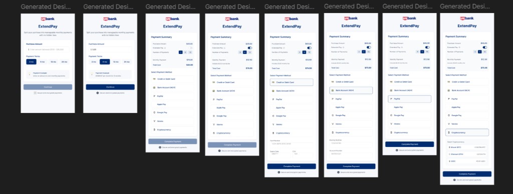 US Bank ExtendPay flow across eight mobile screens.